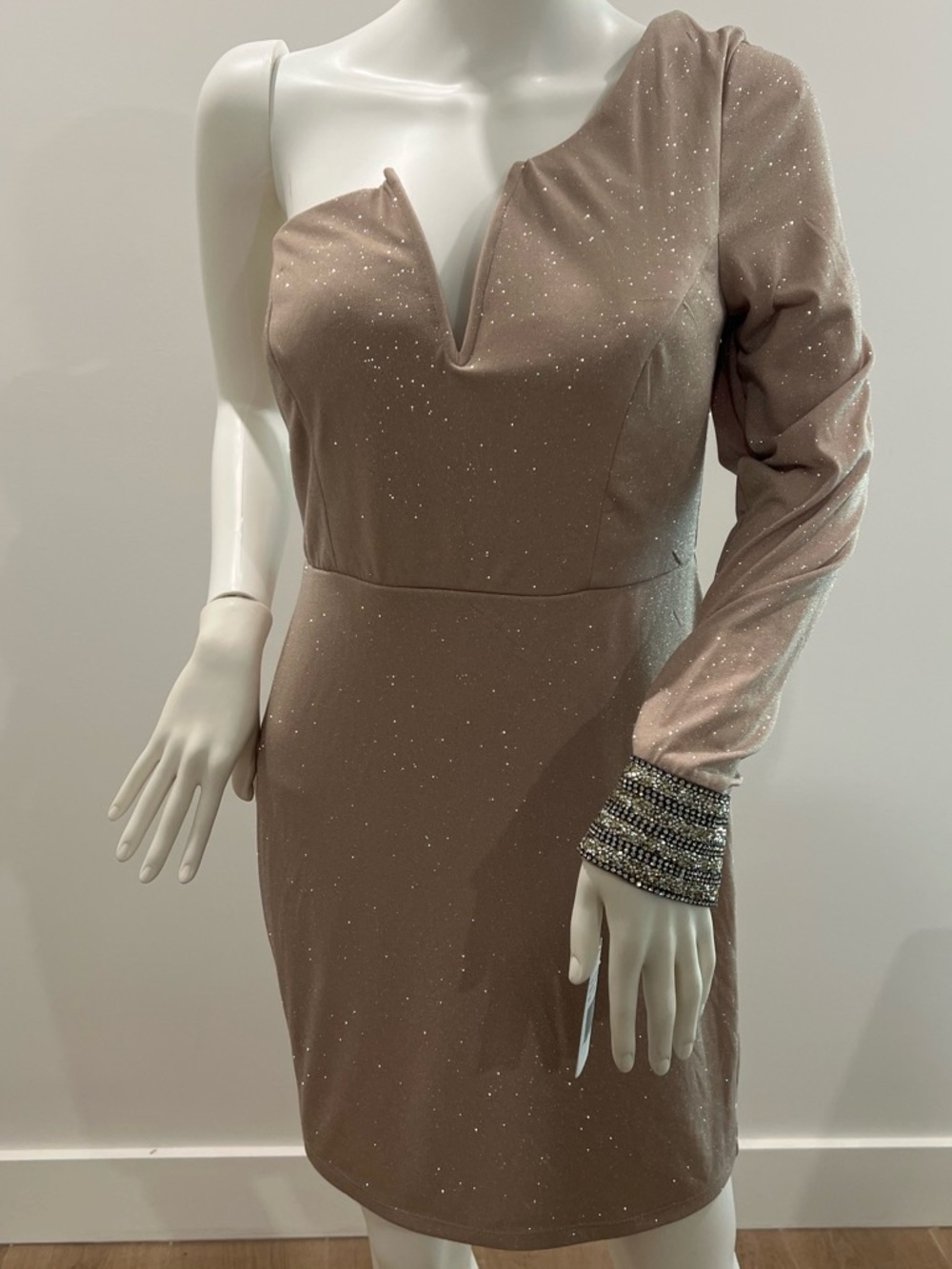 Jodi Kristopher One-Shoulder Sparkle Bodycon Dress in Taupe
